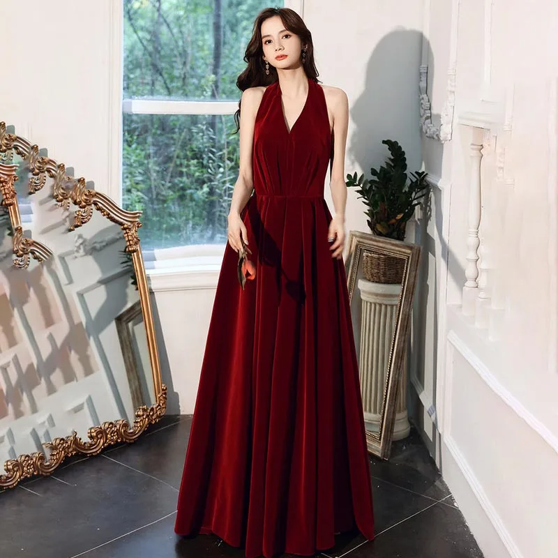 

Evening Dress Burgundy Halter Empire Sleeveless A-Line Elegant Backless Floor-Length Pleat Velour Woman Formal Party Gown A2442