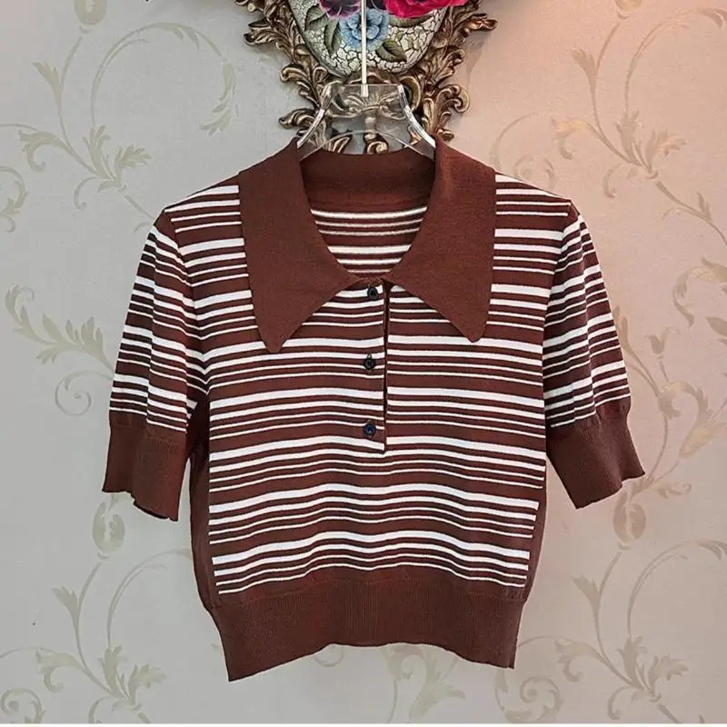 high-quality-knitwear-polo-neck-short-sleeve-tees-pullover-thin-brown-stripe-button-t-shirt-2023-summer-new-women's-slim-top