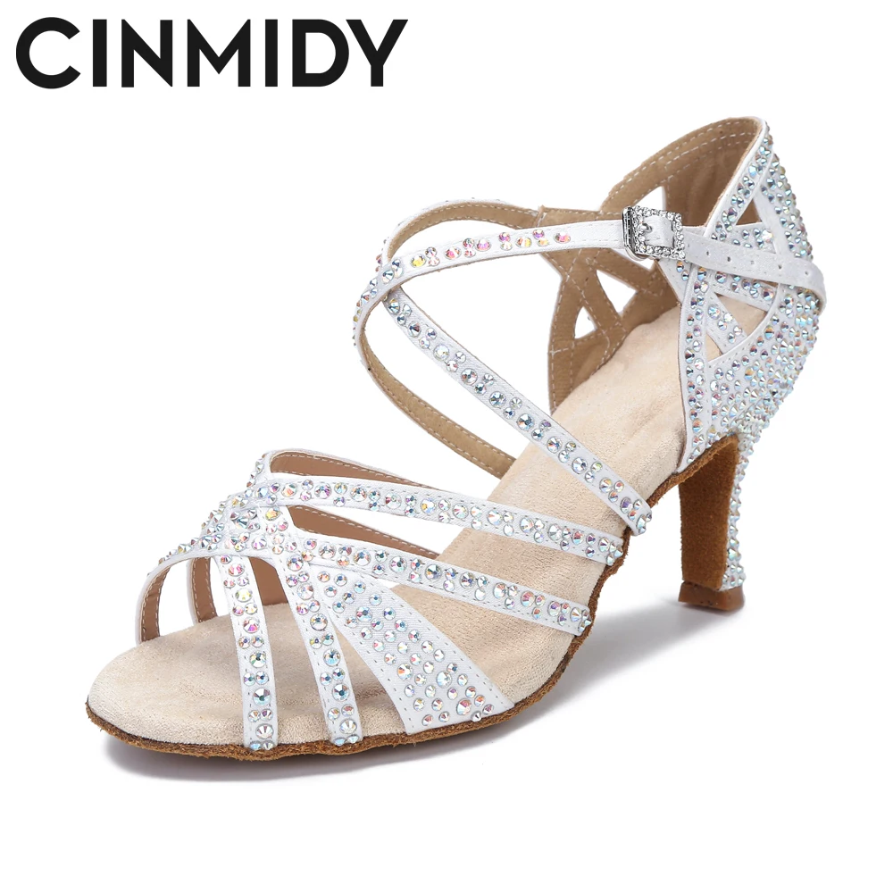 CINMIDY Rhinestones Dance Shoes Woman Party Satin Dance Shoes  Ballroom Red Latin Dance Shoes Women Soft Bottom Wedding Sandals 2