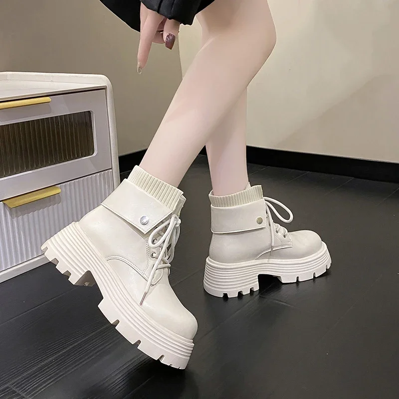 Chunky Platform Women's Motorcycle Boots Autumn Winter Short Plush Warm Ankle Boots Women Waterproof Pu Learher Botas Mujer