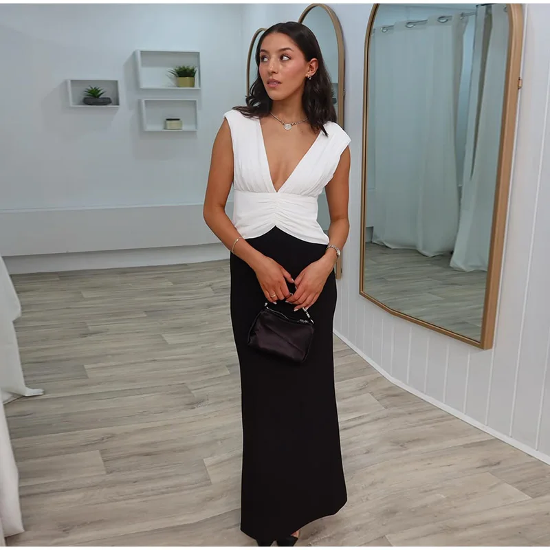 Elegant Deep V-neck Patchwork Long Dress Women Vintage Pleated Sleeveless Slim Fit Dresses Female Spring Chic Street Office