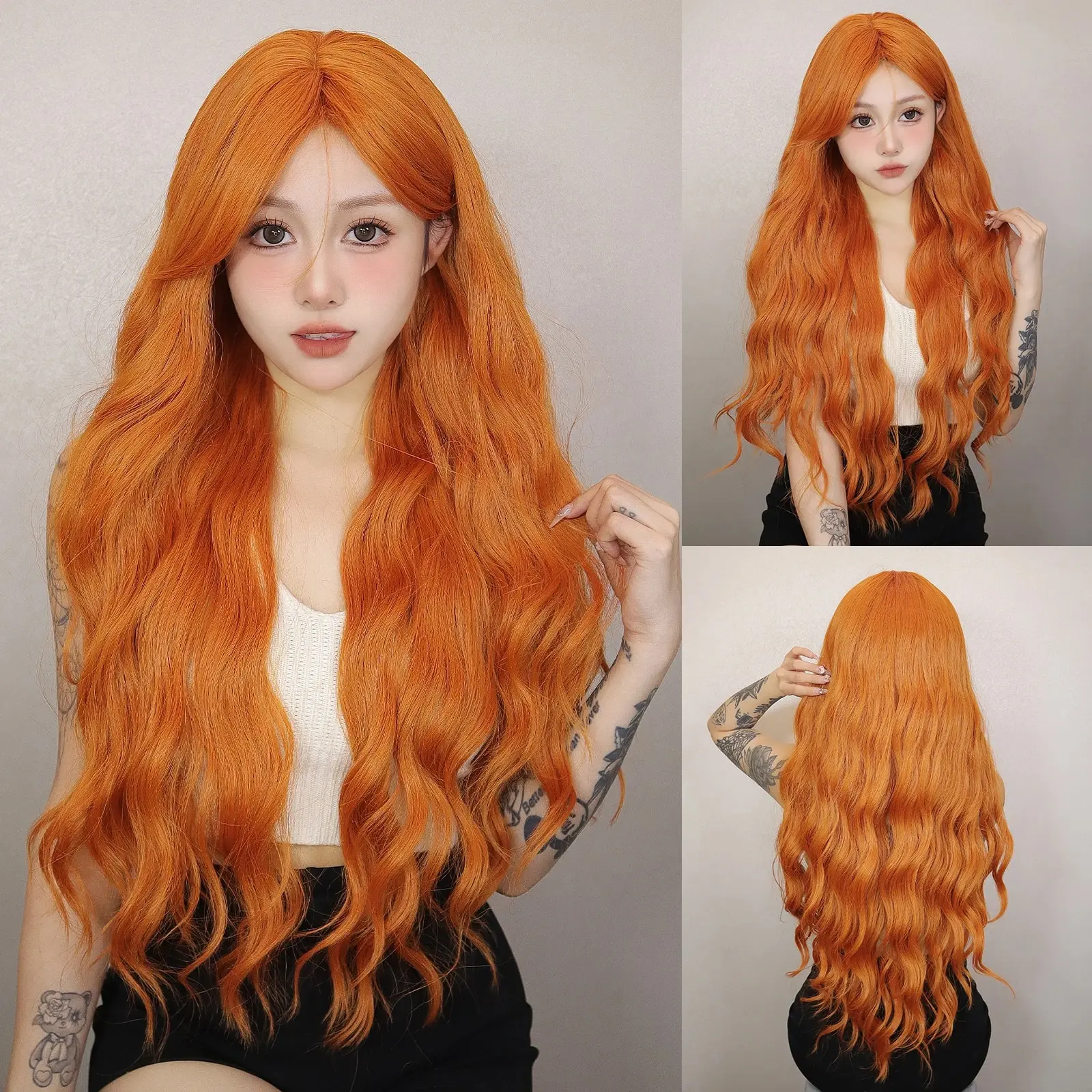 긴 물결 웨이브 오렌지 합성 가발 여성용, 내열 가발, 긴 앞머리 코스프레 파티 가발