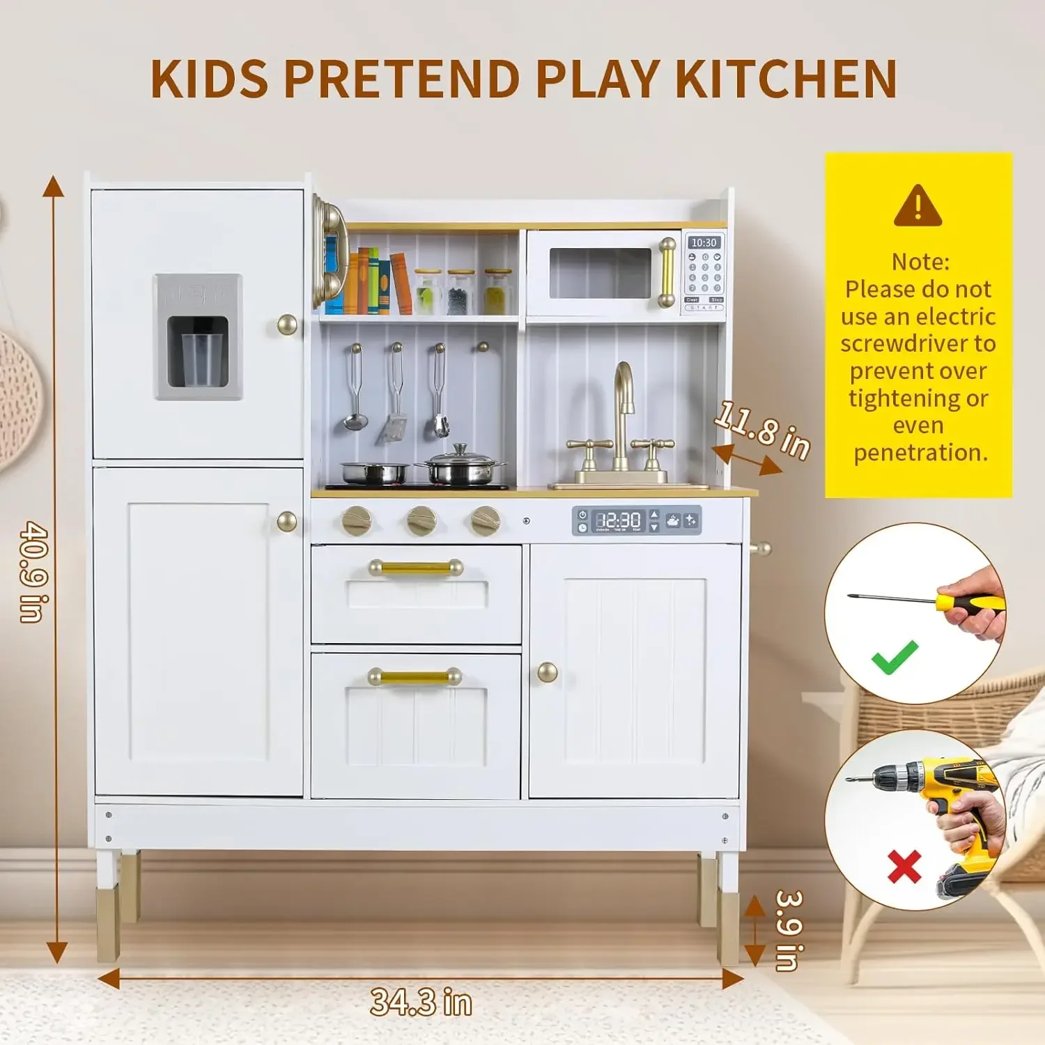Play Kitchen for Kids, Pretend Preschool Kitchen Sets, Wooden Cooking Playset w/Realistic Light & Sound, Telephone, Stove,Fridge 2