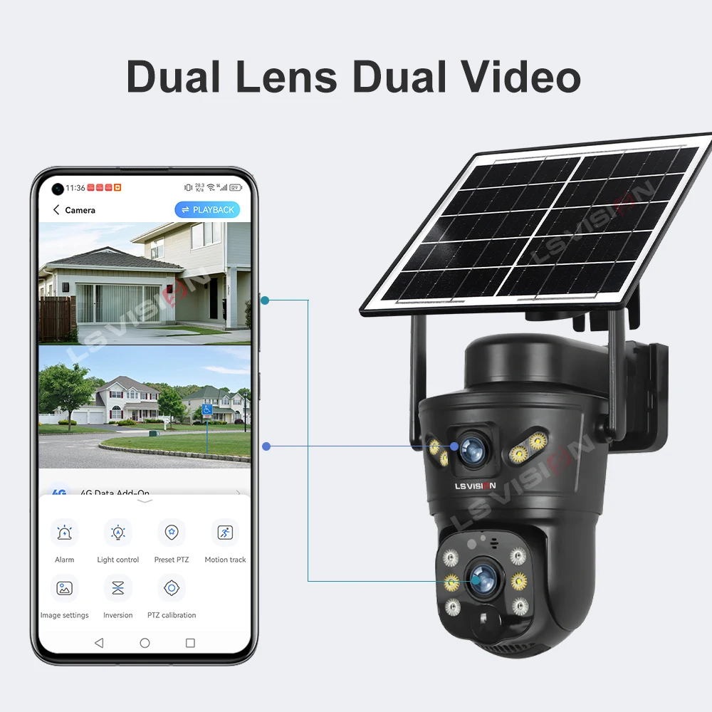 LS VISION 8MP 4G Solar Outdoor Wifi Camera Dual Screens 4K PTZ PIR Human Detect Solar IP Security Cameras V380 Pro CCTV Security 3