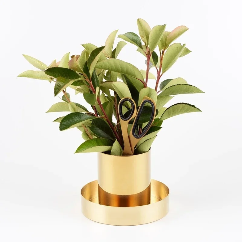 1Pcs Multifunction Brass Gold Round Vase Pen Holder Metal Penholder Pencil  Office Decoration Desk Accessories 5