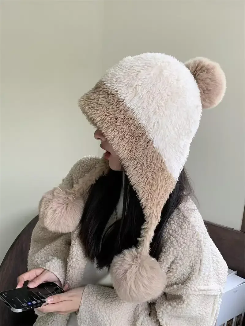 Niedliche Strickmütze mit Pom-Pom-Ohrenklappe für Damen – Winter-Farbblock, großer Kopfumfang, verdicktes Fleece, gefüttert, Kälteschutz – Detail 7