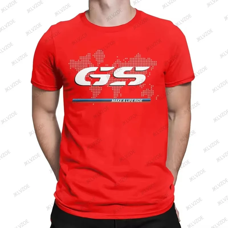 Man wearing BMW R1250GS cotton T-shirt with bold graphic in a hip hop streetwear setting red