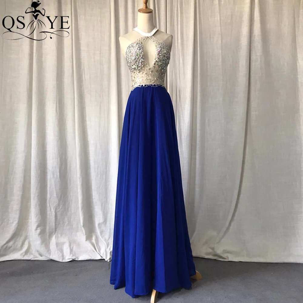 plus size prom & dance dresses Royal Blue Bead Prom Dresses Crystal Chiffon Evening Gown Halter Neck Party Dress A line Princess Open Back Girl Formal Gown New yellow prom dresses