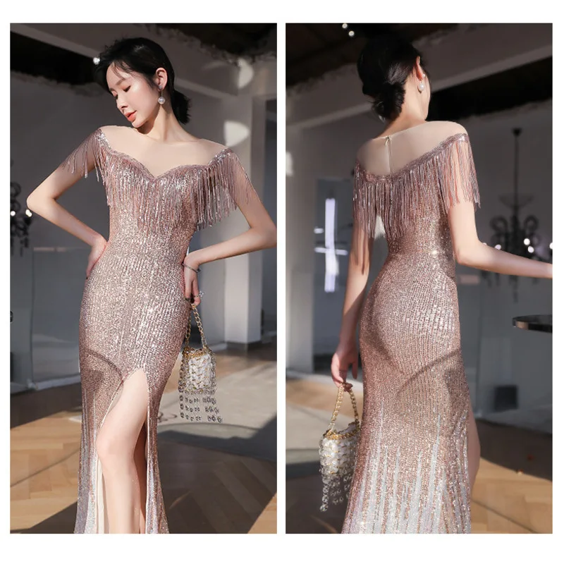 Shoulder Tassel Banquet EvEning Dress, Female AurA Queen, New Fishtail Host Slim Fitting Dress  Elegant stylish comfortable