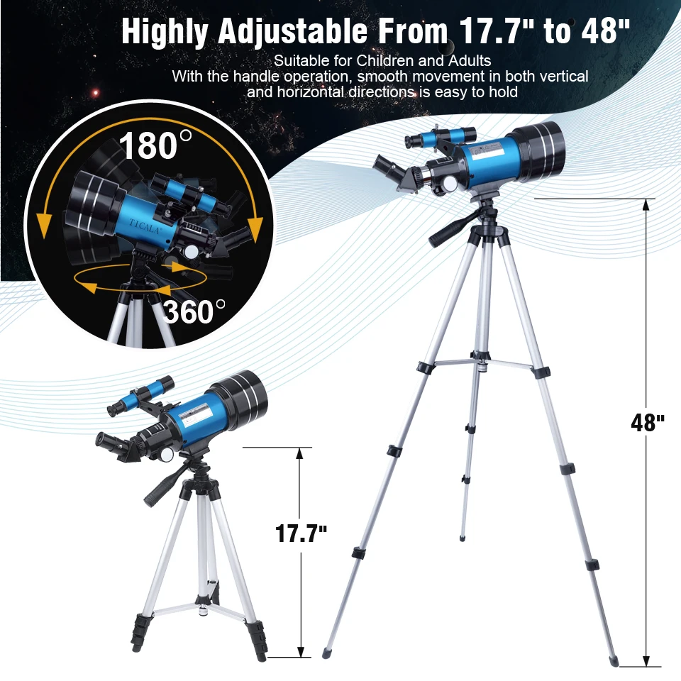 Sb49c5ee05908453a9fd7b3d60cece213f TICALA 150X teleskop astronomiczny dla dzieci 70mm refraktor teleskopy dla początkujących astronomii z kamera Bluetooth uchwytem na telefon