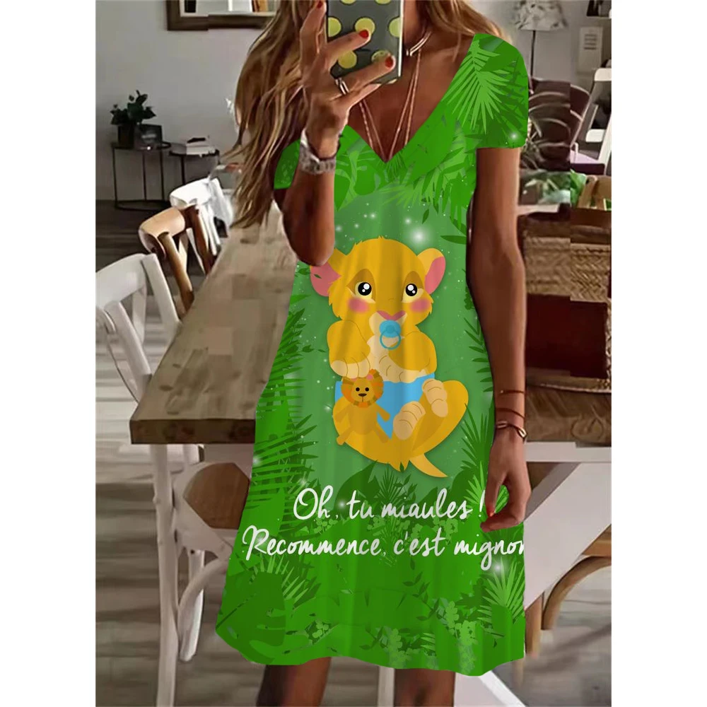 thumbnail image 1 of Vestido corto informal de verano con escote en V y manga corta, estilo playero, con estampado del Rey León, 2024, 1 of 5