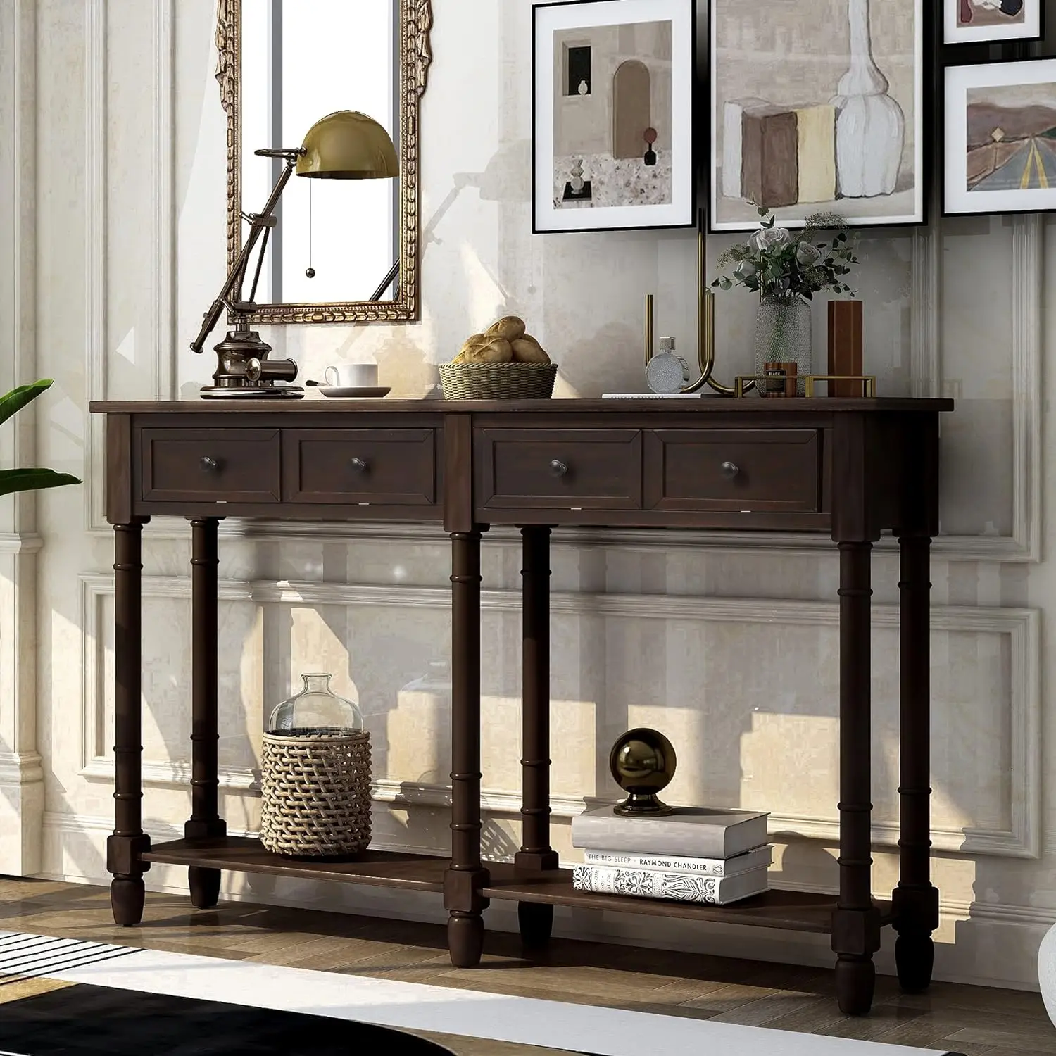

Merax Espresso Wood Narrow Console Table with Drawers and Bottom Shelf for Entryway Hallway Front Door, 1 Set