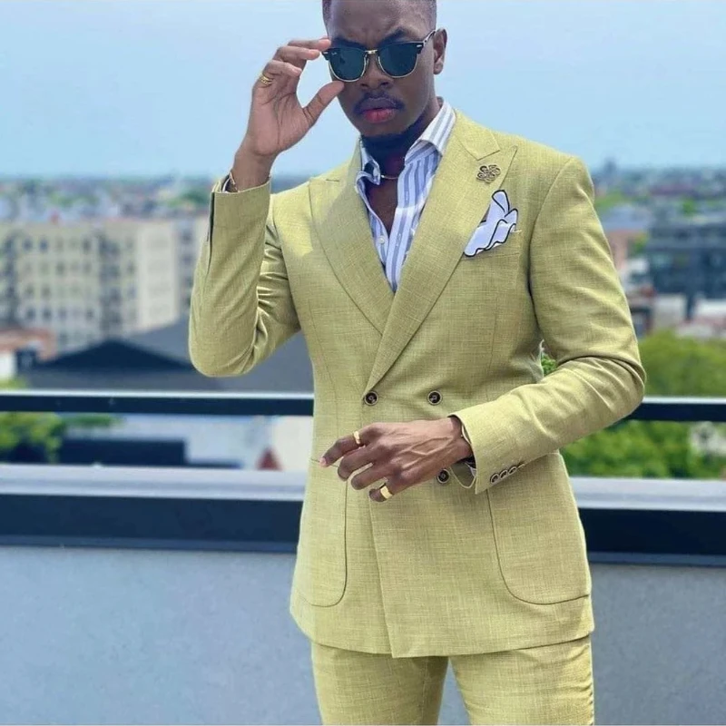 

Linen Summer Men Suits Double Breasted Groom Tuxedo Slim Fit Casual Prom Blazer Sets 2 Pcs Male Fashion Suit Jacket with Pants