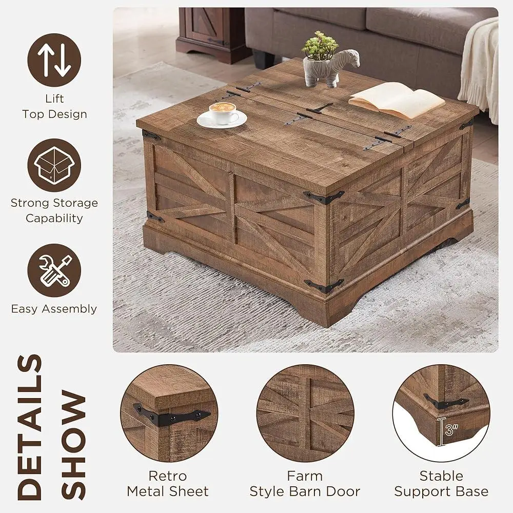 Farmhouse Lift Top Coffee Table with Storage Rustic Square Center Table Hidden Compartment Easy Assembly Durable Wood Design 6