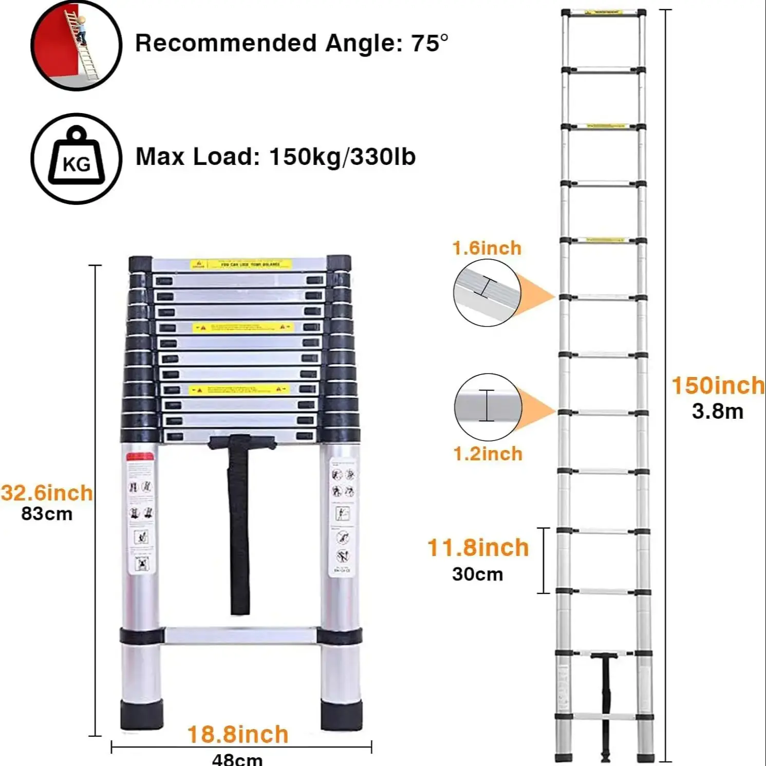 DayPlus Teleskopleiter mit einziehbaren Stufen, zusammenklappbarer Heimleiter aus Aluminium, Tragfähigkeit 150 kg (3,8 m/12,5 Fuß) – Detail 4
