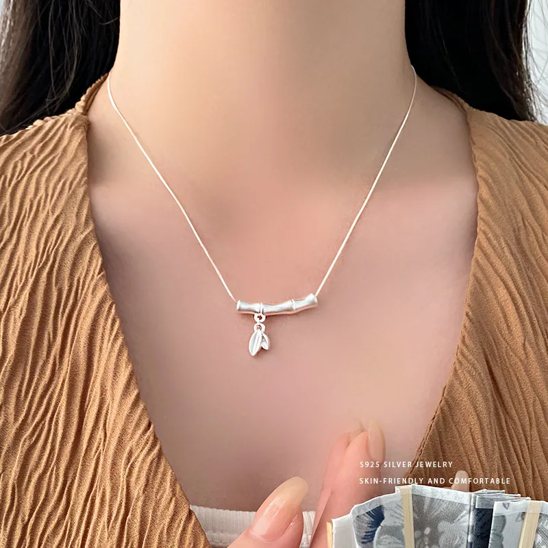100% 925 Sterling Silver Bamboo Necklace for Women Girl Fashion Leaf Geometric Fine Chain Design Jewelry Party Gift Dropshipping