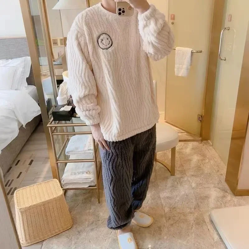 Pajama Set Men Autumn Winter Thickened Fleece-lined Long Plush Korean Style Home Clothes Two-piece Suit