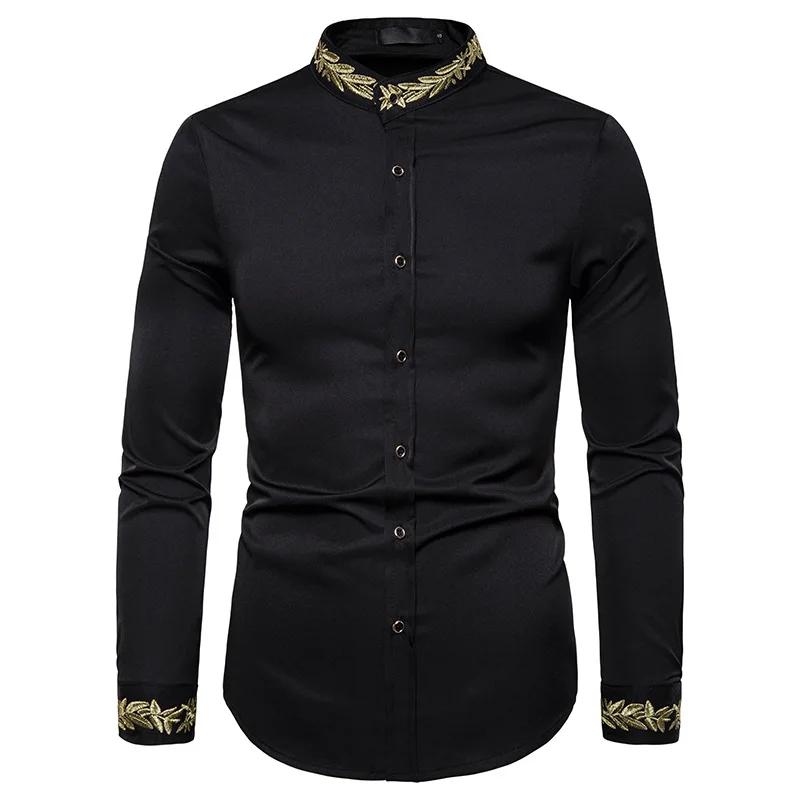 

Mens Black Embroidery Shirts 2023 Brand Long Sleeve Mandarin Collar Dress Shirt Men Work Business Casual Camisa Social Masculina