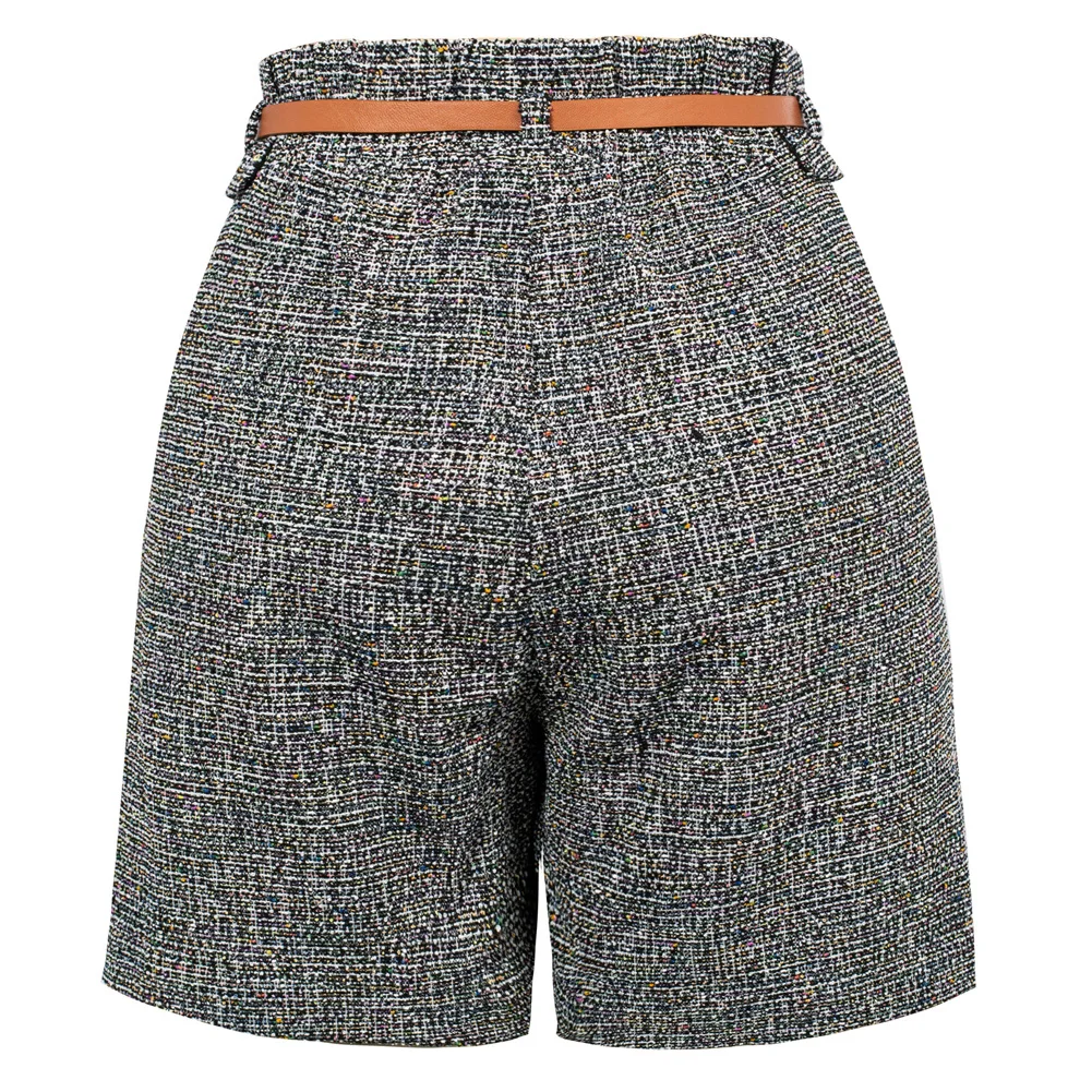 BP Women Vintage Tweed Shorts With Belt Elastic Waist Fold-up Leg Opening Shorts Wide Leg Bermuda Short Pants