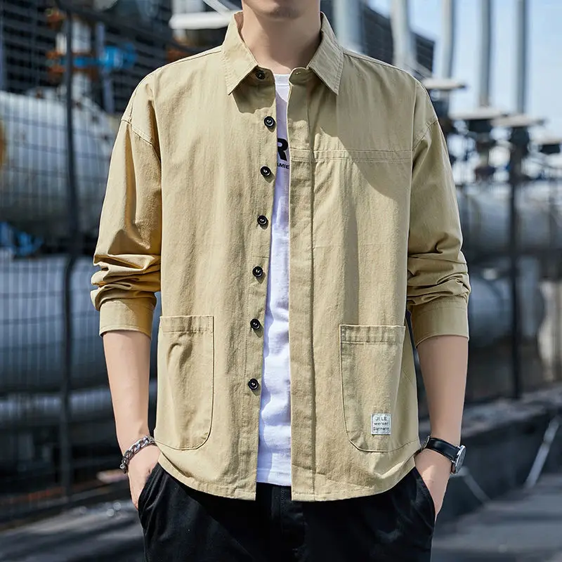 Spring Autumn Korean Fashion Pure Cotton Shirt Male Lapel Buttons All-match Loose Casual Blouse Hombre Solid Color Cardigan Tops