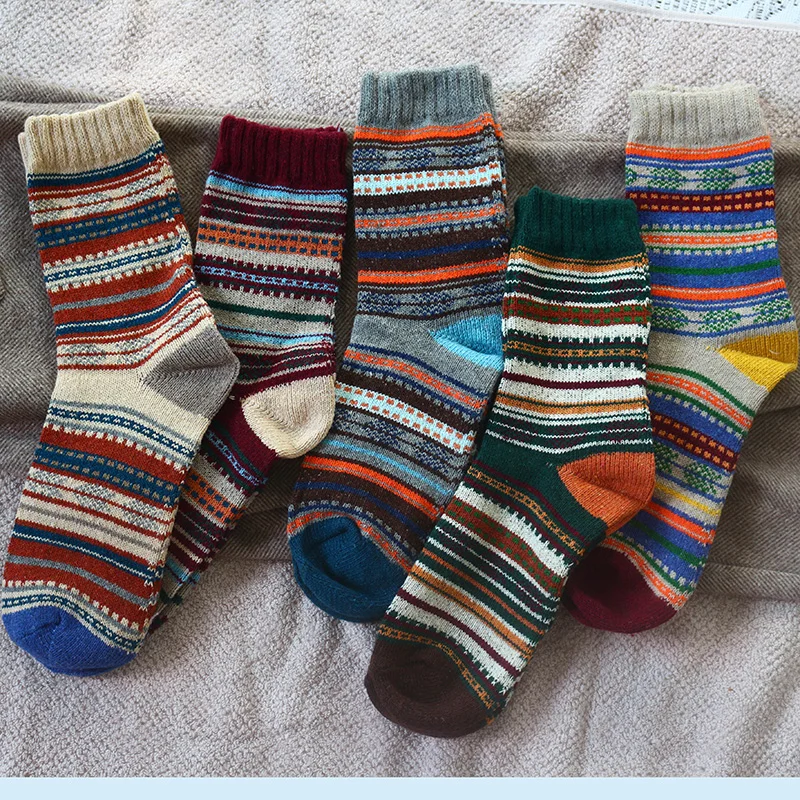 겨울 신작 남성 두꺼운 따뜻함 하라주쿠 레트로 고품질 sStriped 패션 울 캐주얼 양말 5 쌍