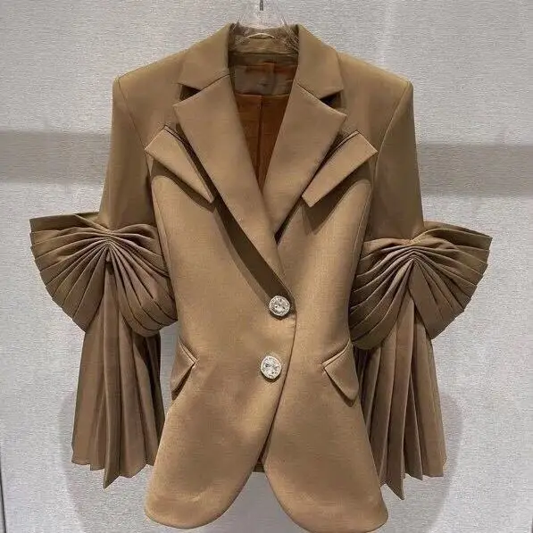 Women Blazer Designer New Fashion Ruched High Street Spring Autumn Full Notched Puff Sleeve High Street Women Coat Luxury