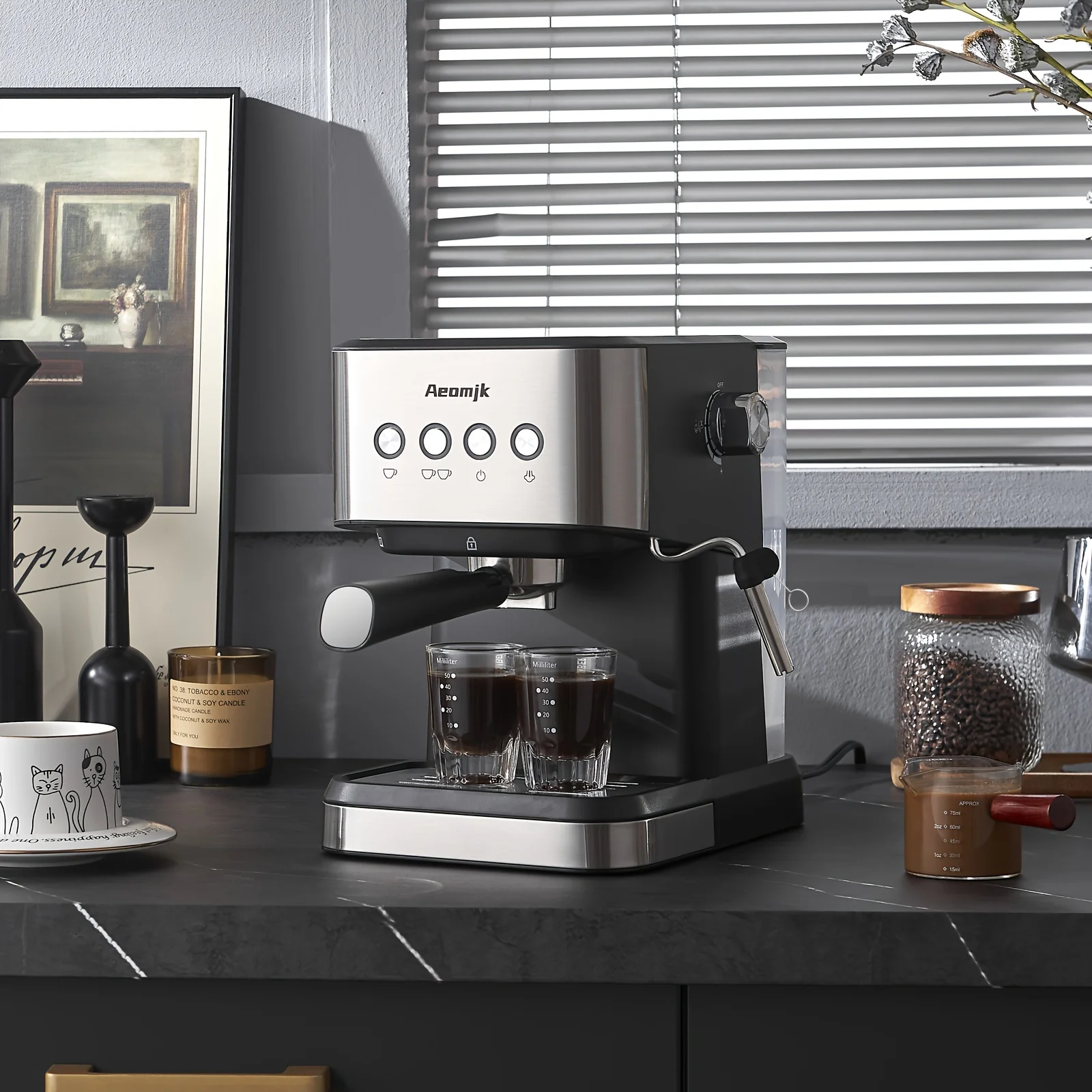 Aeomjk European Standard Semi-Automatic Espresso Machine 20 Bar, Professional Coffee Machine Cappuccino Latte Machine with Steam Milk Frother, Espresso Machine with 1.5L Detachable Water Tank 3