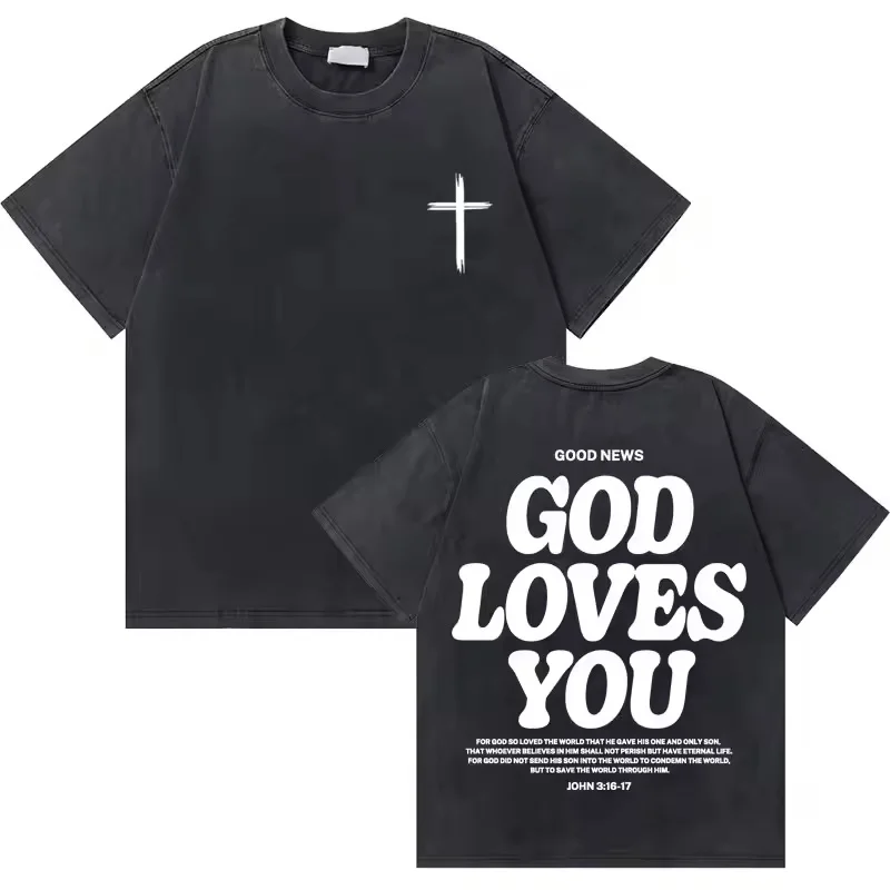 Gewaschenes Vintage Christian Jesus Good News God Loves You Bibelvers Grafik-T-Shirts für Männer und Frauen, modisches, lässiges, übergroßes T-Shirt