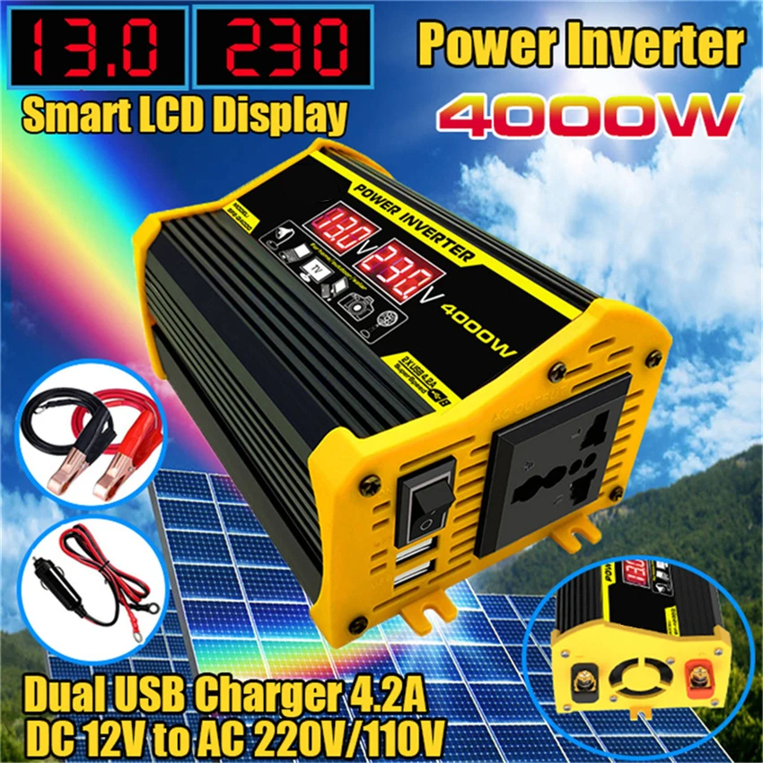 Display Led Conversor de Potência do Carro Inversor Adaptador 12v a 220v 110v Dupla Usb Tensão Transformador Modificado Onda Senoidal Carro 4000w