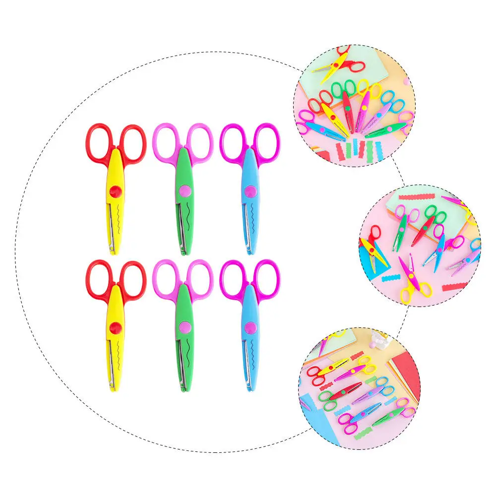 6Pcs 가위 플라스틱 둥근 팁 레이스 패턴 정밀 DIY 공예 종이 가위 편안한 그립 도구
