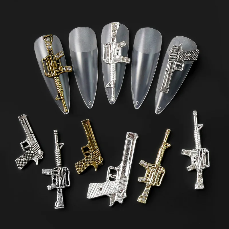 10PCS Gold Silver Metail Firearms Nail Charms Accessories Manicure Decor Nails Rifle Pistol Submachine Gun Design Decorations gold silver pineapple nail art metal decorations hawaii charms accessoires ananas pistol nail design summer fruit