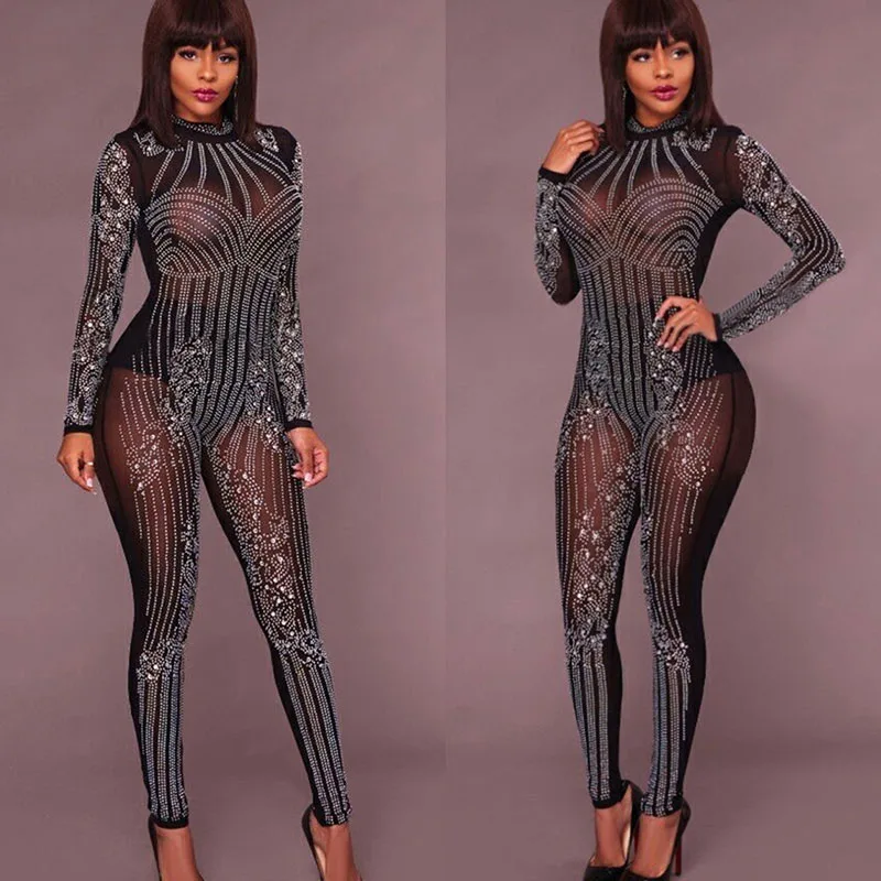 Sexy Glitter Crystal Rhinestone Evening Jumpsuit Women Party Nightclub Sheer Mesh Romper Elegant Long Sleeve One Pieces Overalls high street newest fashion 2023 designer romper women s long sleeve diamonds rhinestone beaded jumpsuit