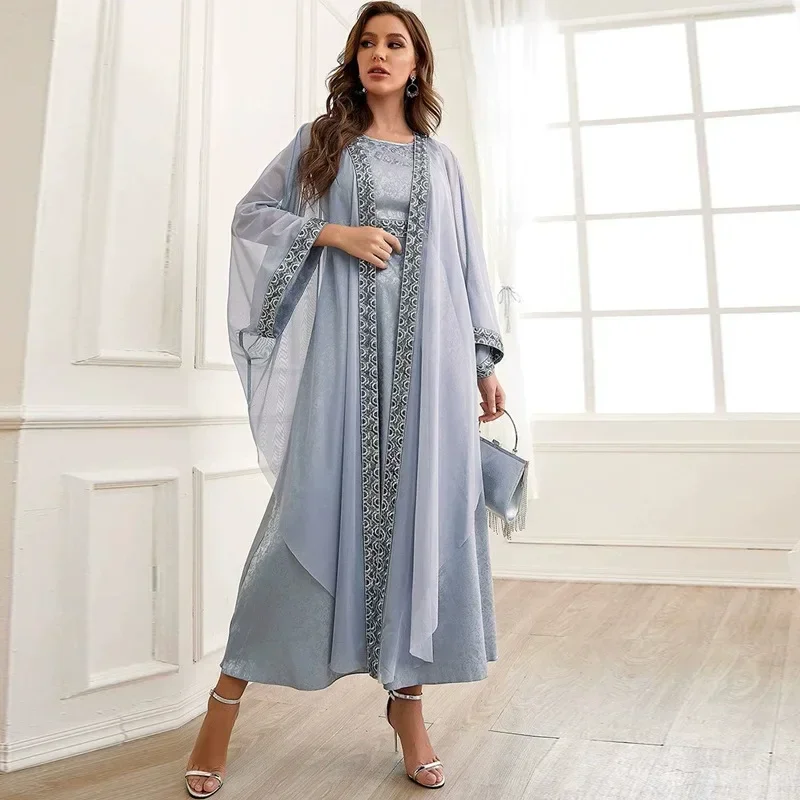Elegant Muslim Abaya for Women Dress 2 Piece Set Embroidery Party Dresses Kimono Abayas Gown Saudi Arabic Dubai Kaftan Islamic