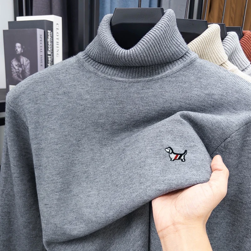 High-End Original Men's High-Neck Knitted Sweater with Dog Pattern Embroidery Soft Warm Non-slippery British Style Casual Wear