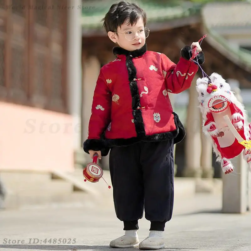 Children's Tang Costume Chinese Festival New Year's Clothing Traditional Hanfu Tang Suit Kids Oriental Clothing Top Pants Set