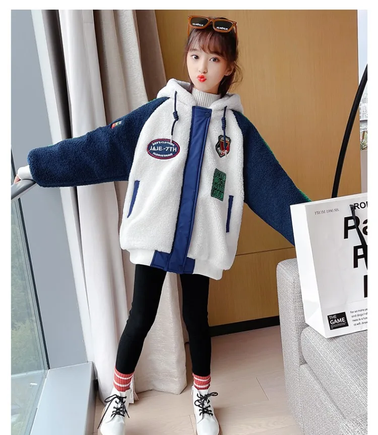 Wool Hooded Jacket  Autumn Winter Girl Coat Zip Warm Fur Thicken Clothing Kids Teenage Fashion Hood Lamb Woolen Plush Teens Jackets Outerwear Coats for Girls in Navy Blue white