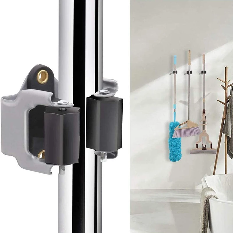 Supporto Per Scope E Mocio Da Parete - 3 Rack + 4 Ganci - Acciaio Inox Adesivo O Con Viti - 2