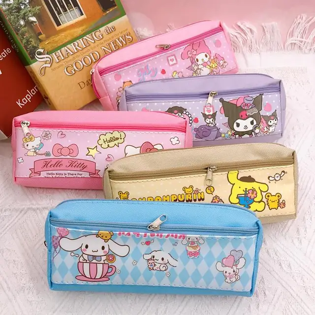 Cartoon Anime Kuromi Melody Cinnamoroll Student Double Layers Pencil Case Kawaii Pompompurin Kids Stationery Storage Bag Pen Bag 5
