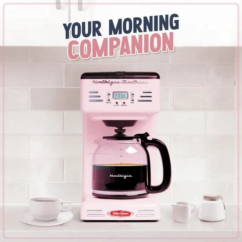Retro 12-Cup Programmable Coffee Maker With LED Display, Automatic Shut-Off & Keep Warm, Pause-And-Serve Function, Pink 3