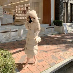 2023 Women Winter Fashion Big Fur Collar Hooded Jackets Female White Duck Down Coats Ladies Thick Warm Long Down Outerwear Q517