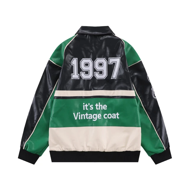 Retro Style Embroidery Varsity Pu Jacket, Men's Casual Color Block