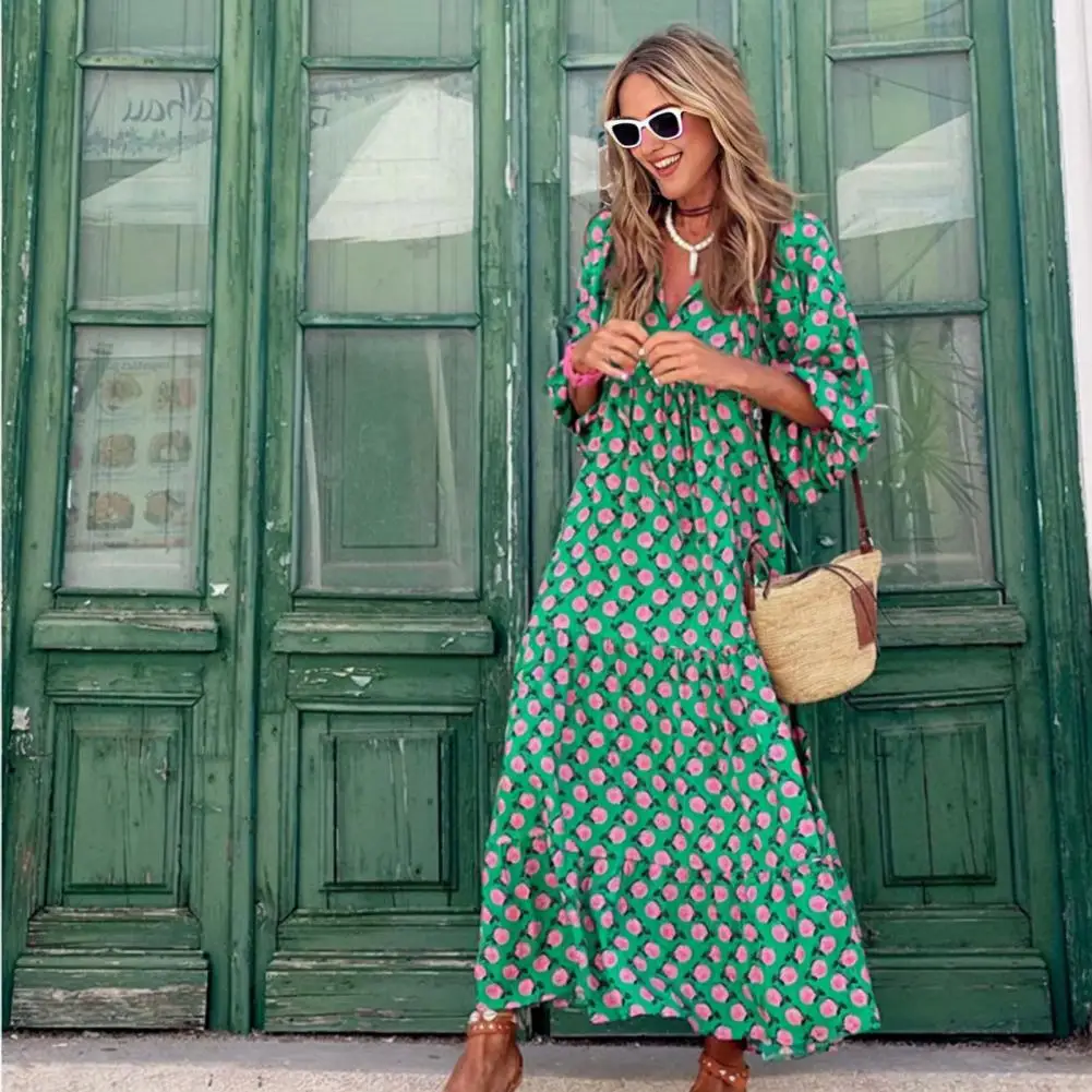 

Beach Midi Dress Geometric Print V Neck Midi Dress with Bubble Sleeves A-line Silhouette for Women Flowy Spring Vacation Beach
