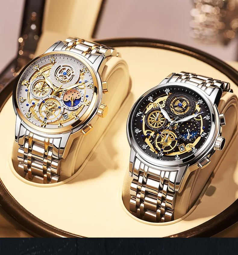 

New Men's Quartz Watch Waterproof Luminous Multi-Function Chronograph Stainless Steel Strap Skeleton Hand Wristwatch for Male
