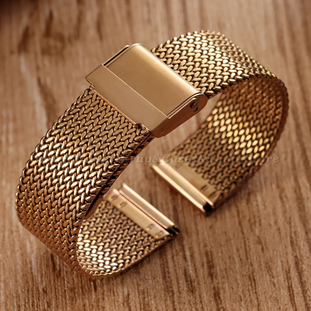 Gold & Silver Milanese Mesh Watchband – Stainless Steel Bracelet with Folding Buckle Belt, Universal 16mm to 20mm Strap