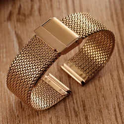 Gold & Silver Milanese Mesh Watchband - Stainless Steel Bracelet with Folding Buckle Belt, Universal 16mm to 20mm Strap - 16mm (Rose Gold)