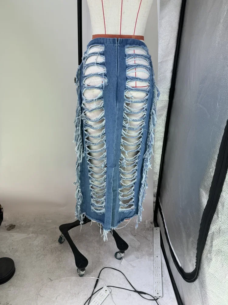 Women Fashion Ripped Out Hollow Out Tassel Pencil Maxi Long Denim Skirts Street High Waist Zipper Bodycon Jean Skirts