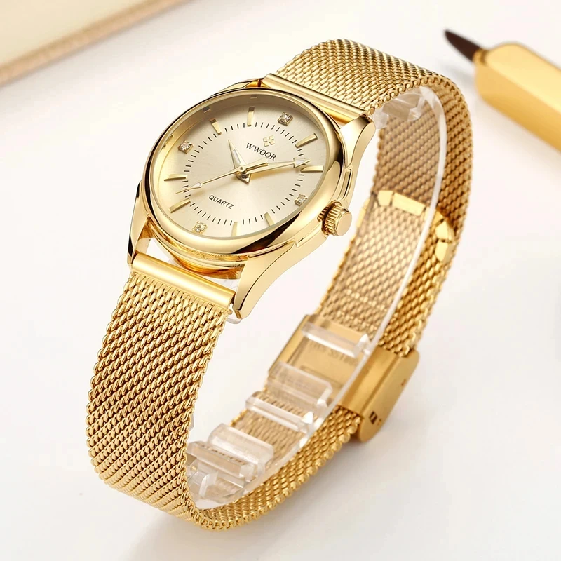 WWOOR Dress Gold Watch Ladies Elegant Diamond Small Quartz Wrist Watches For Women Steel Mesh Clock zegarek damski womens quartz watch womens watch quartz watch women watches quartz watch set