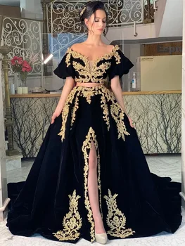 Classic Velvet Evening Dress Split Design V-Neck Prom Dress Short Sleeves Gold Lace Sequin Arab-Muslim Long Party Formal Gowns 1
