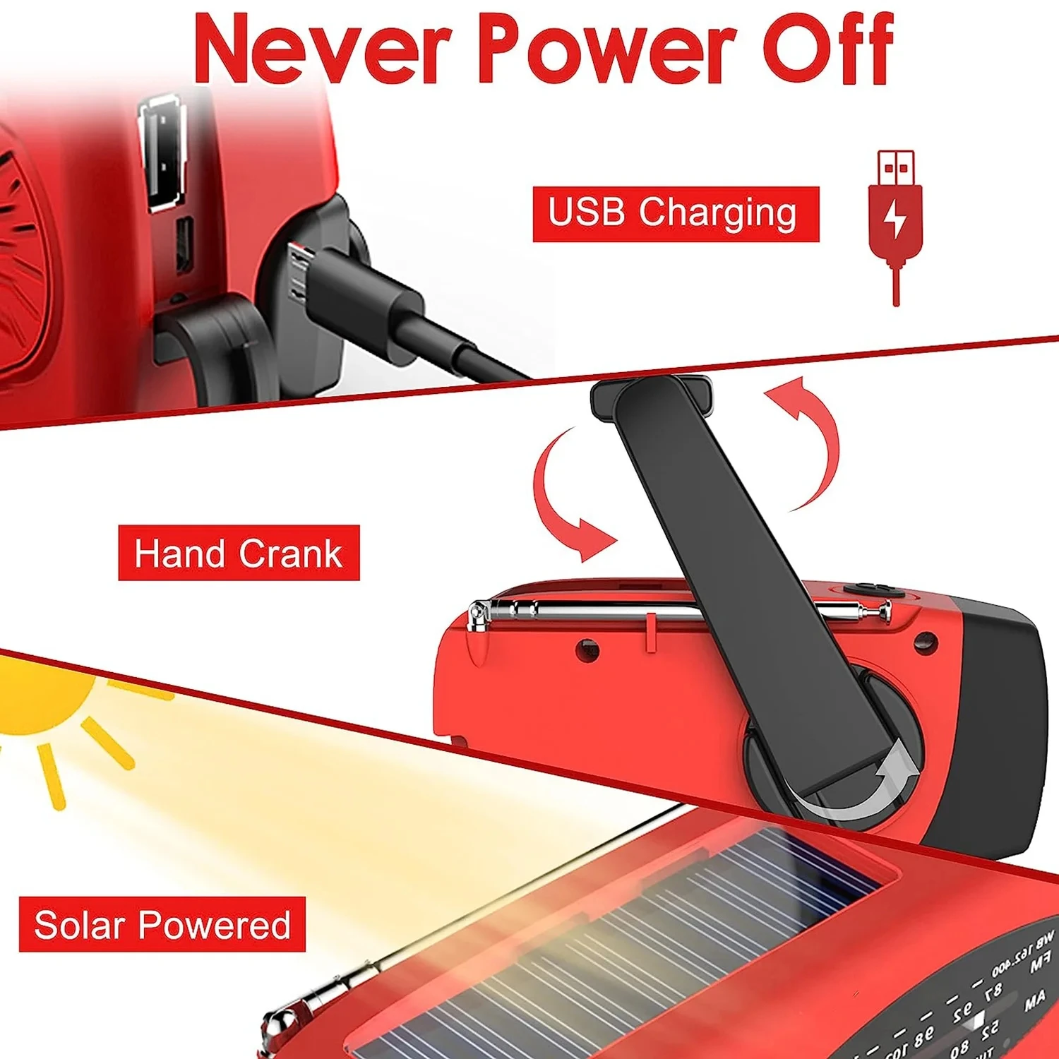 Camping Light Solar Powered Lamp Handheld Flashlight Solar Hand Crank Powered Camping Light With AM/FM Radio Outdoor 2000mAh USB Charging Multifunctional Hand Dynamo LED Flashlight