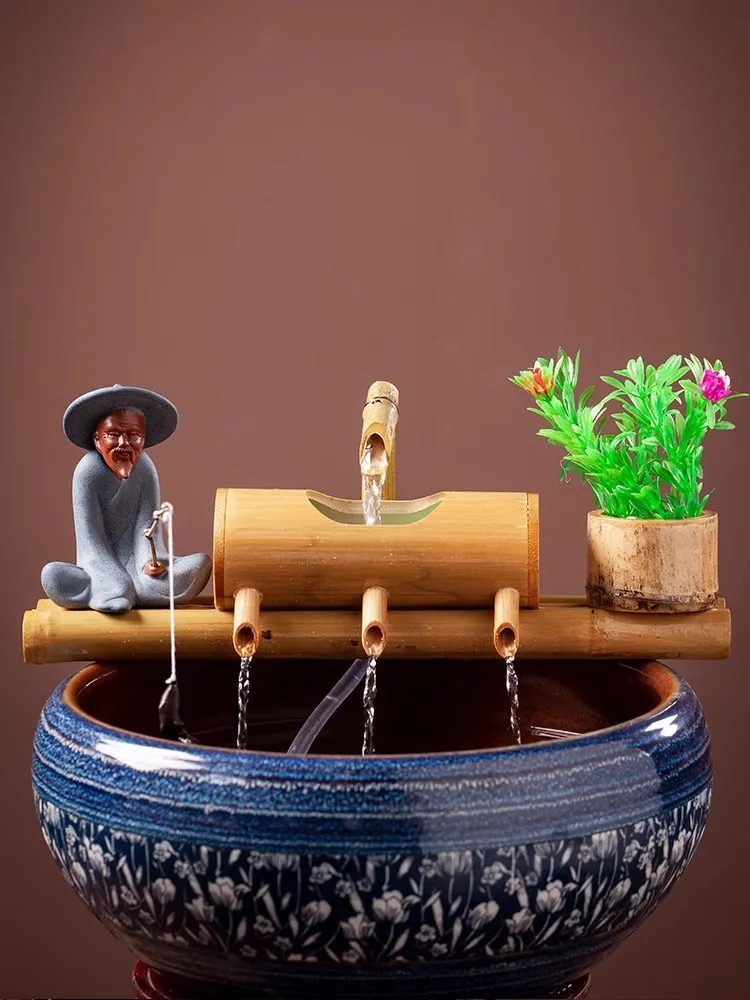 Bamboo Aquarium Water Recycling Feng Shui Decoration Tube Water Fountain Stone Trough Filter Office Desktop Furnishings